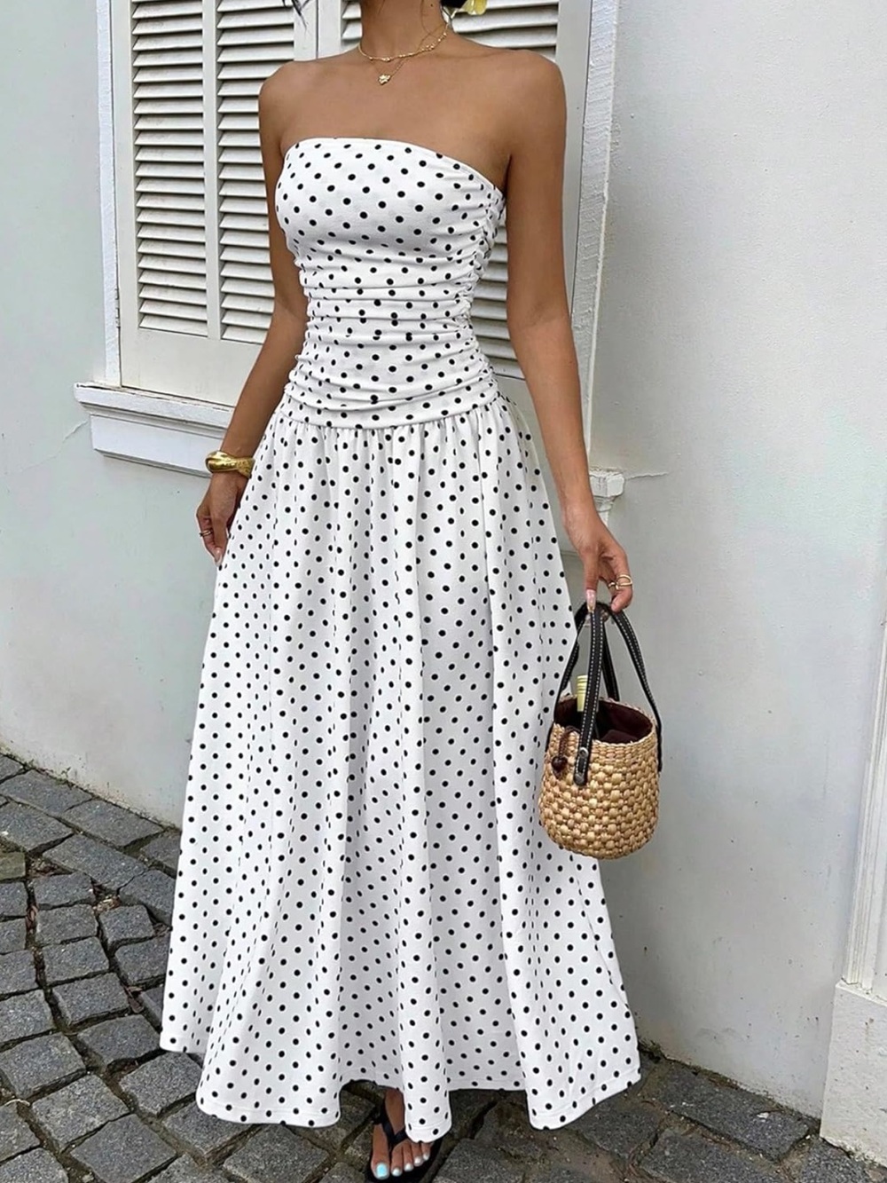 Strapless White Polka Dot Maxi Dress - XS - Picture 2 of 9
